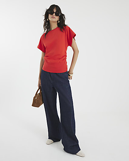 Red Ruched Side Kimono Sleeve T-shirt