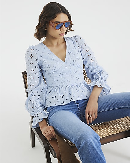 Blue Long Sleeve Broderie Peplum Blouse