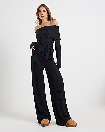 Black Long Sleeve Bardot Loungewear Set
