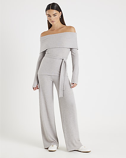 Grey Bardot Top And Trousers Loungewear Set