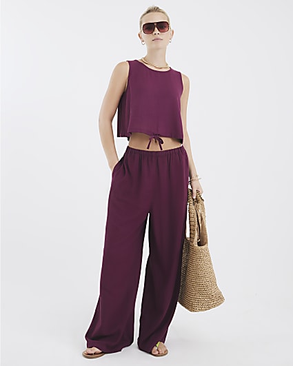 Purple Linen Blend Wide Leg Trousers
