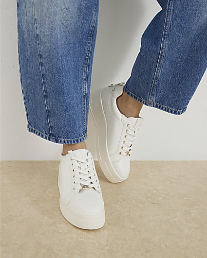 White Woven Lace Up Trainers