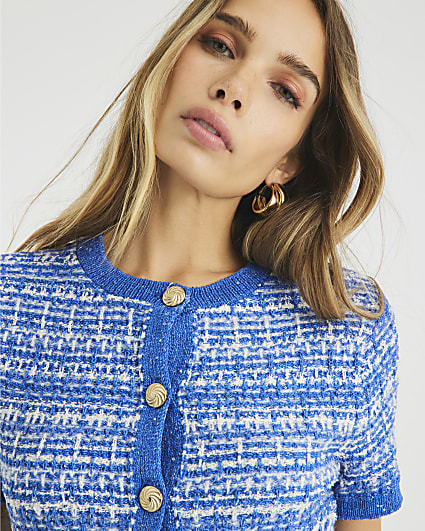 Blue Short Sleeve Boucle Cardigan