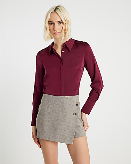 Red Satin Long Sleeve Slim Fit Shirt