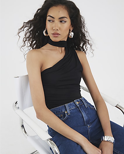 Black Sleeveless Asymmetric Ruched Tie Top
