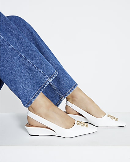 White Chisel Toe Slingback Wedge Heels