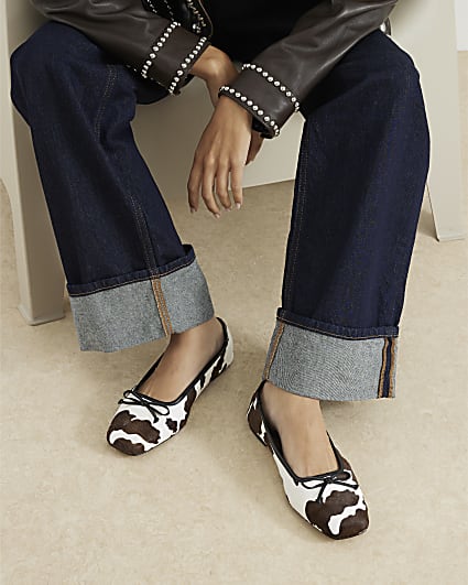 Beige Leather Cow Print Ballet Pumps