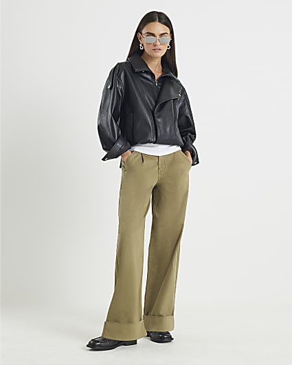 Khaki Twill Straight Leg Trousers