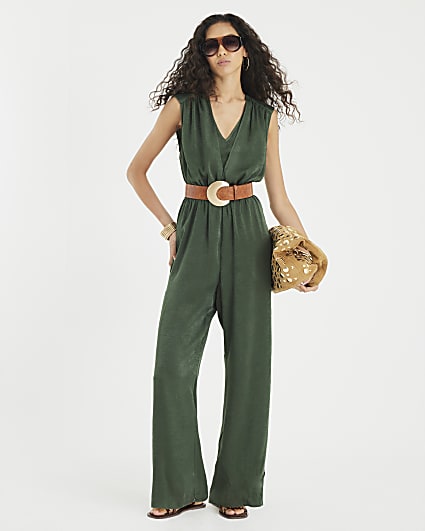 Khaki Sleeveless Wide Leg Jumpsuit
