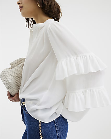 White Long Sleeve Ruffle Blouse