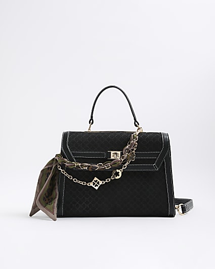 Black Faux Suede Monogram Charm Tote Bag