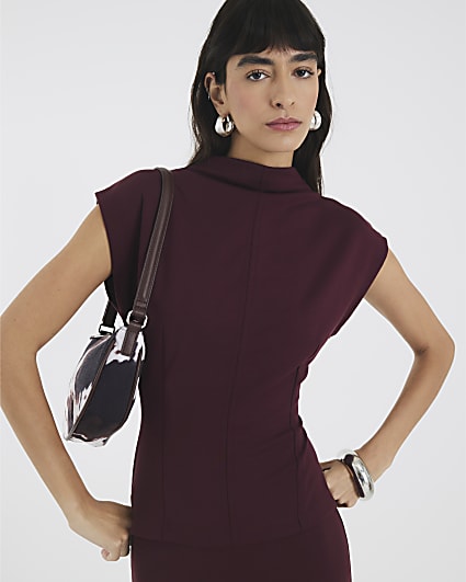 Red Premium High Neck Short Sleeve Top