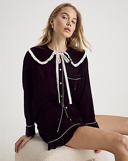 Purple Frill Collar Velvet Pyjama Set