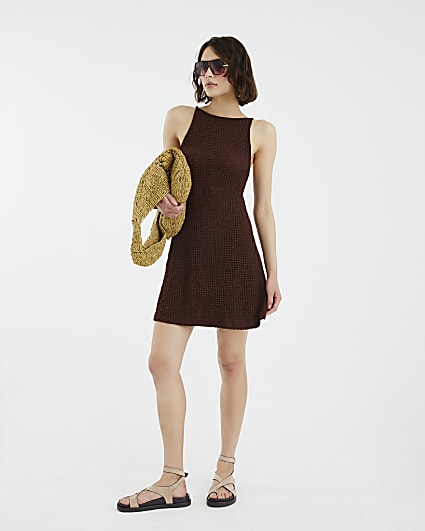 Brown Sleeveless Waffle Texture Mini Dress