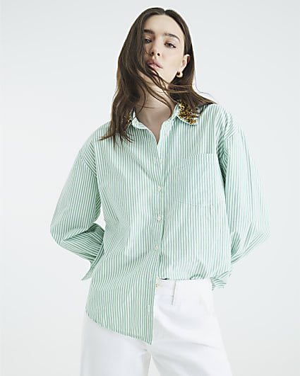 Green Stripe Embellished Collar Shirt