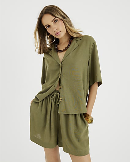 Khaki Boxy Fit Linen Blend Shirt
