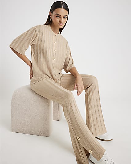 Beige Ribbed Button Detail Lounge Set