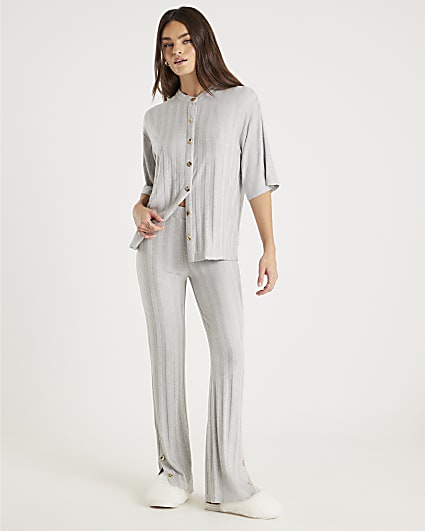 Grey Ribbed Button Detail Lounge Set