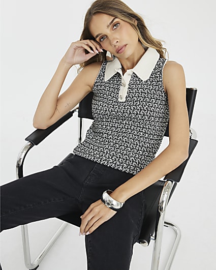 Black Sleeveless Boucle Polo Shirt