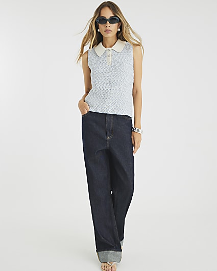 Blue Sleeveless Boucle Polo Top