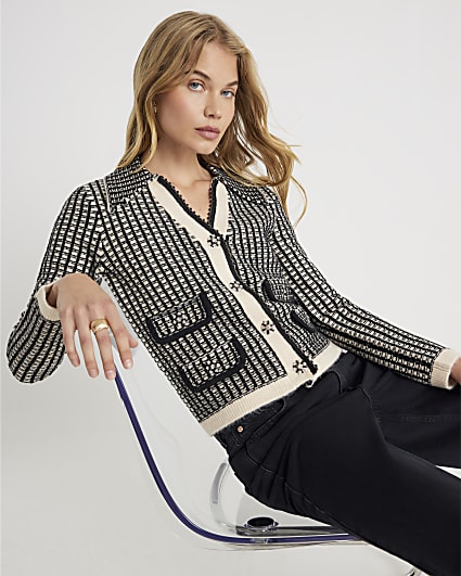 Black Knitted Check Print Cardigan