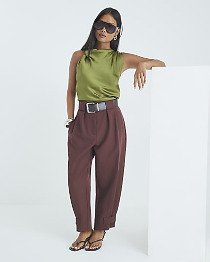 Petite Brown Belted Barrel Leg Trousers