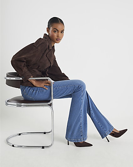 Blue High Rise Pull On Flared Jeans