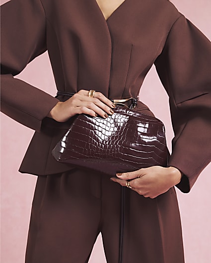 Red Croc Textured Patent Clutch Bag