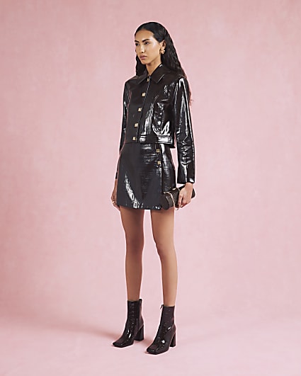 Brown Croc Print Wrap Mini Skirt
