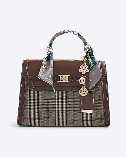 Brown Check Print Charm Tote Bag