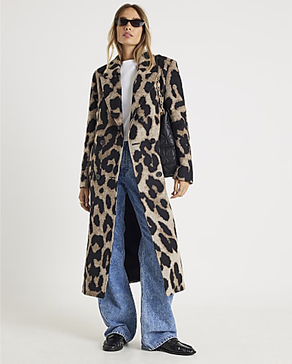 Brown Brushed Leopard Print Coat