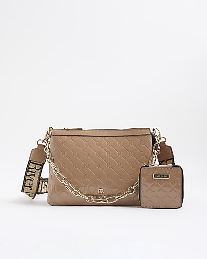 Beige Patent Chain Cross Body Bag