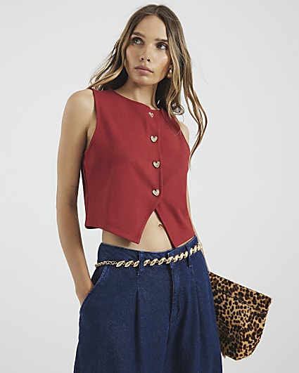 Red Sleeveless Cropped Waistcoat