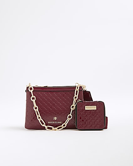 Red RI Monogram Chain Detail Cross Body Bag