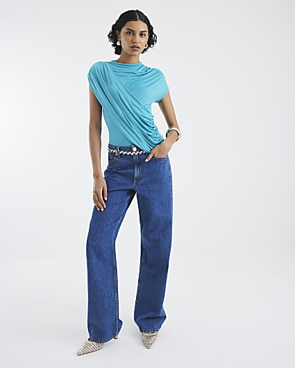 Blue Short Sleeve Wrap Drape Top