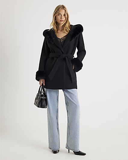 Black Faux Fur Trim Hooded Coat