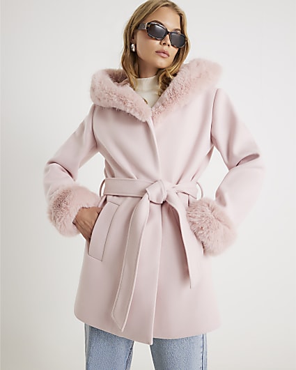 Pink Faux Fur Trim Hooded Coat