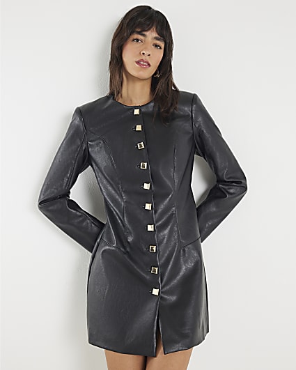 Black Faux Leather Long Sleeve Mini Dress