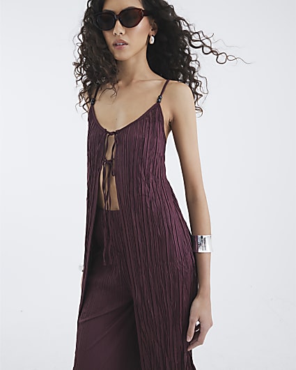 Red Plisse Longline Tie Front Cami Top