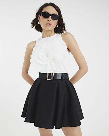 Black Belted Pleated Scuba Mini Skirt