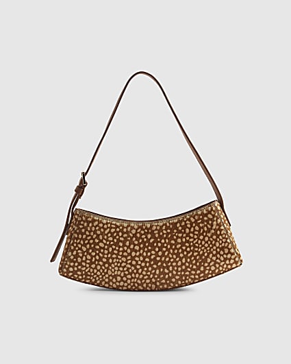 Beige Leather Spot Print Curved Shoulder Bag