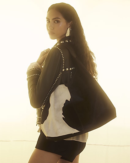 Brown Leather Cow Print Slouch Shoulder Bag