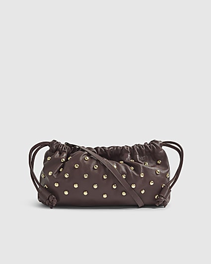 Red Leather Studded Crossbody Clutch Bag