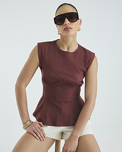 Red Sleeveless Tie Back Corset T-shirt