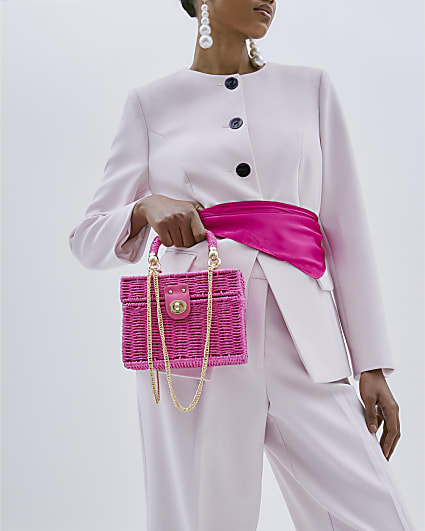 Pink Raffia Clutch Box Bag