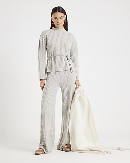 Beige Tie Waist Wide Ribbed Lounge Set