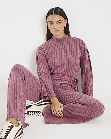 Pink Tie Waist Ribbed Cosy Lounge Set