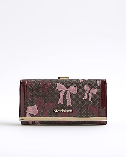 Brown Bow Monogram Print Clip Top Purse