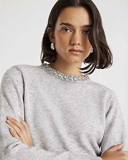 Grey Knitted Crew Neck Embellished Jumper