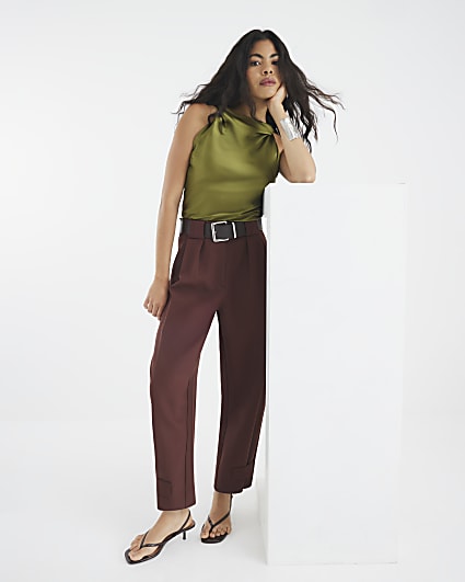 Brown Belted Utility Barrel Leg Trousers